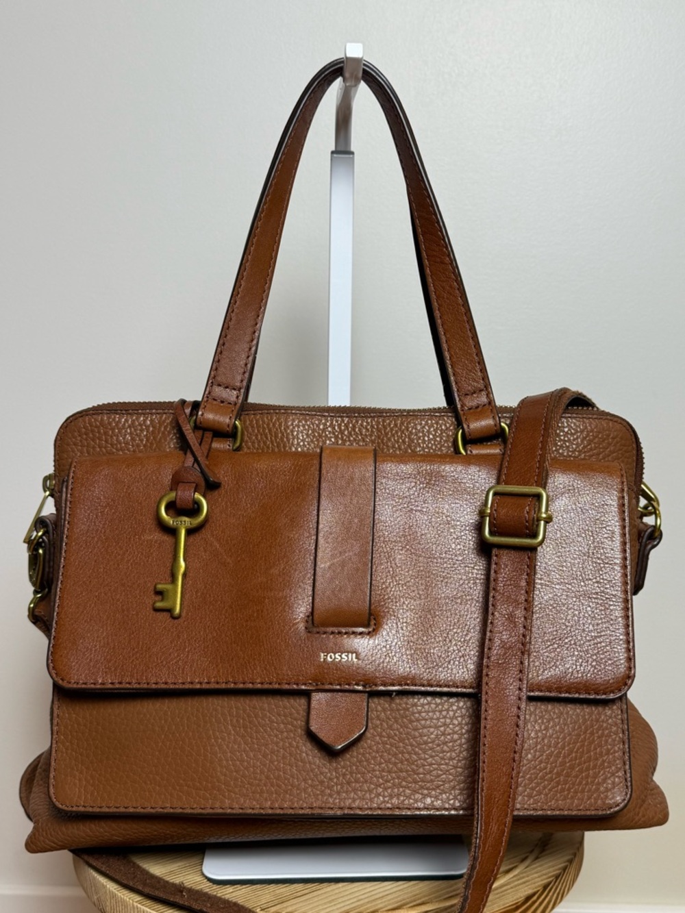 Fossil Kinley Satchel with crossbody strap Cognac Brown Pebbled Leather